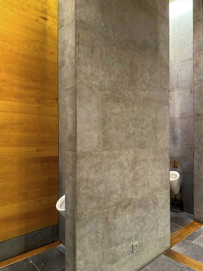 Luxury Men Urinal Bathroom with Wood and Stone Wall in Switzerland
