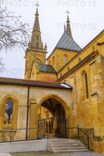 Beautiful Cathedral Collégiale de Neuchatel and Branch with Sky in City of Neuchatel, Canton Neuchatel, Switzerland