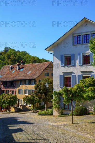 Medieval Old City Street with House in a Sunny Summer Day with Blue Sky in Regensberg, Zurich Canton, Switzerland