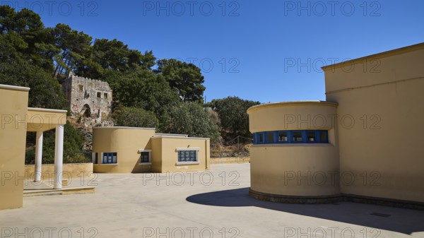 Primary school, Modern style circular buildings next to a wooded hill, Historicism, Art Deco, Rationalism, Portolago, Lakki, Leros, Dodecanese, Greek Islands, Greece