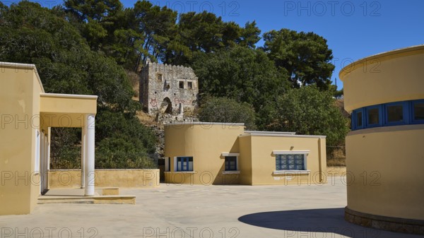 Primary school, Modern building with round buildings and forest in the background, Historicism, Art Deco, Rationalism, Portolago, Lakki, Leros, Dodecanese, Greek Islands, Greece