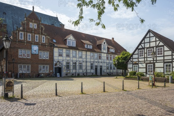 Historic half-timbered houses. Quiet and peaceful neighbourhood with paved ground, Verden an der Aller, Lower Saxony, Germany
