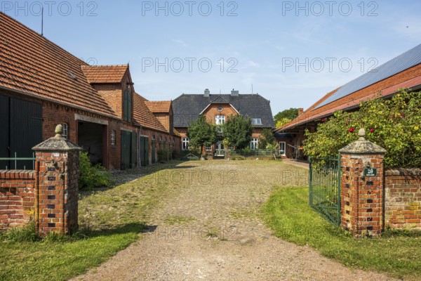 A farm with a spacious courtyard flanked by brick buildings in sunny weather, Oiste, Blender, Lower Saxony, Germany