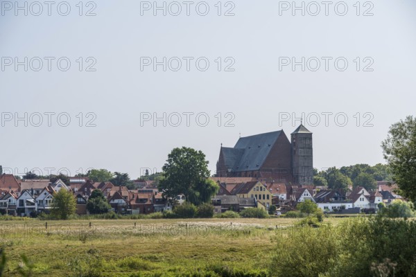 Village view with church in the background, seen from a meadow. Quiet, rural atmosphere, cathedral, Verden an der Aller, Lower Saxony, Germany