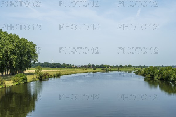 Tranquil river landscape with trees and blue sky, Weser, Groß Hutbergen, Verden, Lower Saxony, Germany