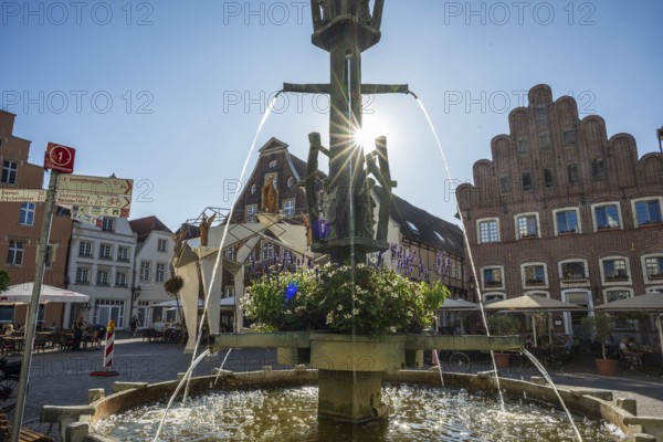 Fountain in the centre of a square surrounded by historic buildings and flowers, Warendorf, Münsterland, North Rhine-Westphalia