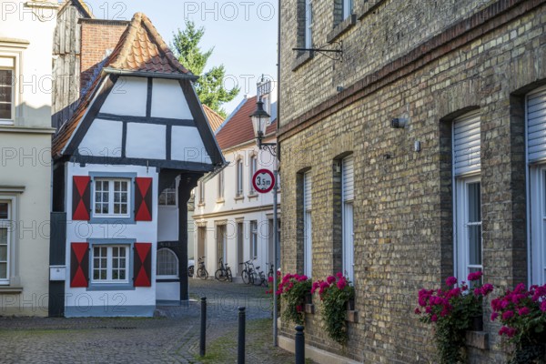 Small half-timbered house in narrow street decorated with flowers, historic surroundings, Warendorf, Münsterland, North Rhine-Westphalia