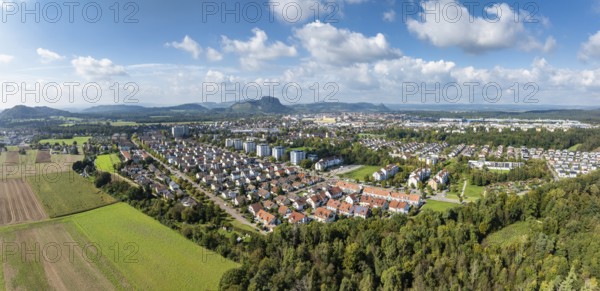 Aerial view, panorama of the town of Singen am Hohentwiel, on the horizon the Hegau mountains, district of Constance, Baden-Württemberg, Germany