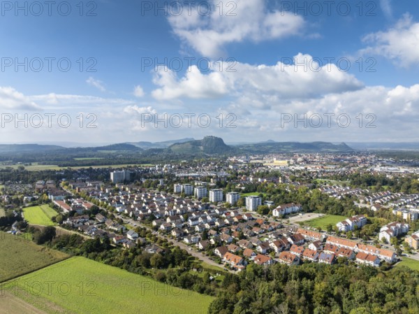 Aerial view of the town of Singen am Hohentwiel, on the horizon the Hegau Mountains, district of Constance, Baden-Württemberg, Germany