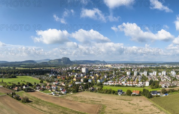 Aerial view of the town of Singen am Hohentwiel, on the horizon the Hegau Mountains, district of Constance, Baden-Württemberg, Germany
