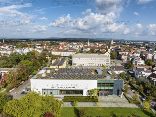 Aerial view of the town of Singen am Hohentwiel with the town hall, multi-purpose hall, event location, behind it the town hall, district of Constance, Baden-Württemberg, Germany