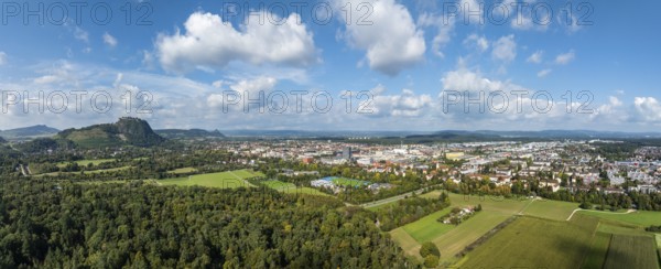 Aerial view, panorama of the town of Singen am Hohentwiel with the Münchriedstadion and Friedrich-Wöhler Gymnasium, on the horizon the Hegauberge, district of Constance, Baden-Württemberg, Germany