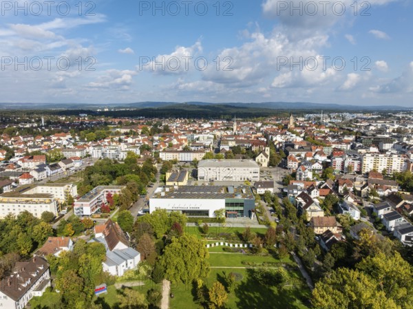 Aerial view of the town of Singen am Hohentwiel with the town hall, multi-purpose hall, event location, behind it the town hall, district of Constance, Baden-Württemberg, Germany