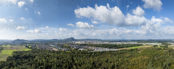 Aerial view, panorama of the town of Singen am Hohentwiel, on the horizon the Hegau mountains, district of Constance, Baden-Württemberg, Germany