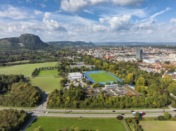 Aerial view of the town of Singen am Hohentwiel with the Münchriedstadion and Friedrich-Wöhler Gymnasium, on the horizon the Hegauberge, district of Constance, Baden-Württemberg, Germany