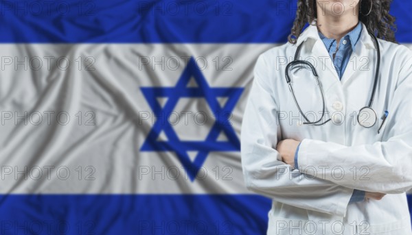 Medical professional on Israel flag. Healthcare and wellness in Israel, Concept