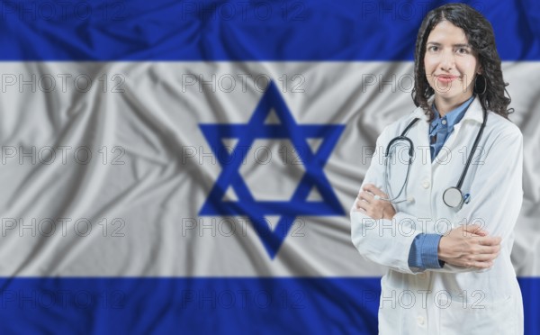 Israeli medicine and healthcare concept. Doctor close up against Israel flag background