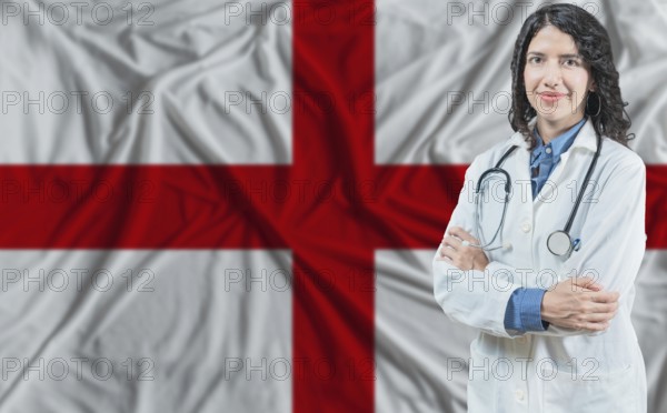 English medicine and healthcare concept. Doctor close up against England flag background