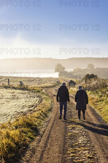 Two people walking on gravel road in the countryside a misty autumn morning, Sweden
