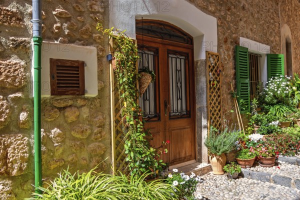 Entrance to residential house in an idyllic old cobblestone alley with green plants and flowers at the house wall a sunny summer day, Fornaluxt, Mallorca, Spain