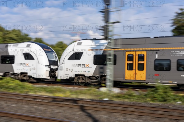 Train services on one of the busiest railway lines in Germany, regional services, RE6, RRX, Rhine-Ruhr Express, National Express, train between Duisburg and Düsseldorf, commuter trains, regional trains, ICE and IC long-distance services and freight transport, North Rhine-Westphalia, Germany