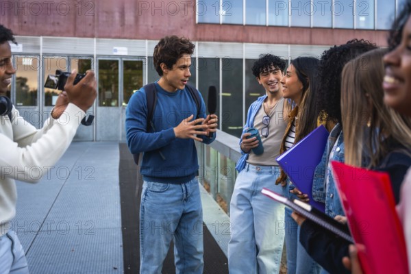 Students on university campus creating social media content, interviewing for a vlog or podcast, and collaborating on a student project outside the building