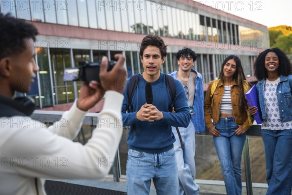 Group of diverse university students collaborating, with one student holding a microphone and speaking into a camera being filmed by another, creating media content on university grounds