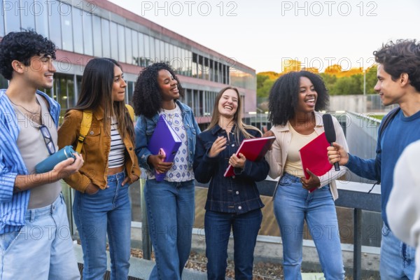 Group of happy young college students standing on a university campus getting interviewed by a classmate, showcasing education, friendship, and diversity