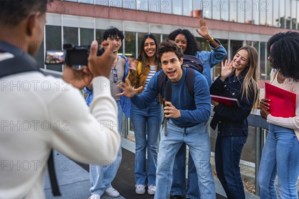 University student filming diverse group of friends on campus, capturing authentic smiles and energetic poses for social media and online content creation