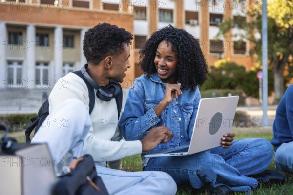 Young diverse students sitting on grass, using a laptop together and discussing ideas, reflecting teamwork, education, and modern learning in an outdoor university setting
