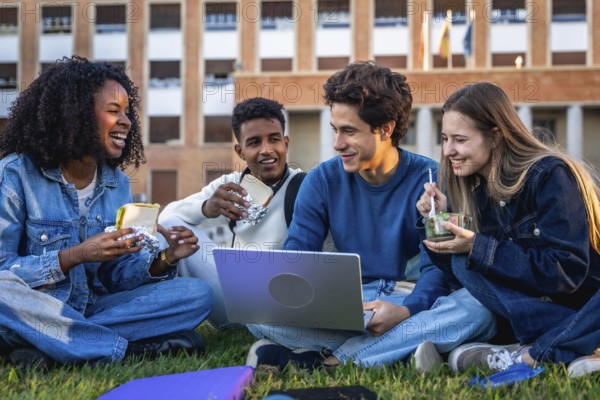 Group of happy young university students from different ethnicities eating, laughing, and using a laptop on a grassy campus lawn, representing friendship, education, and multicultural student life