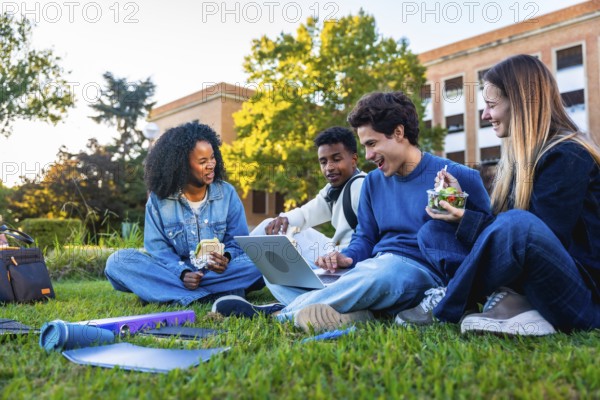 Group of diverse university students sitting on the green grass campus, sharing a laptop, studying, smiling, and enjoying lunch together during a break