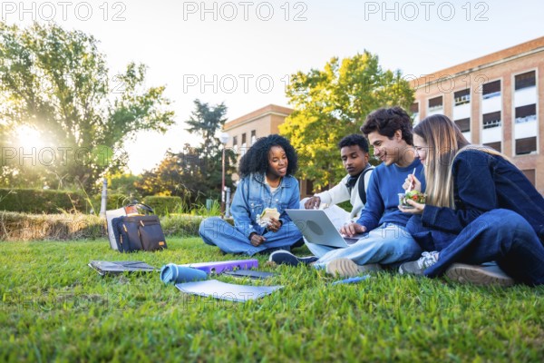 Group of multiethnic university students sitting on green grass, studying and discussing coursework on a laptop, enjoying a break with food and drinks on campus during a sunny day