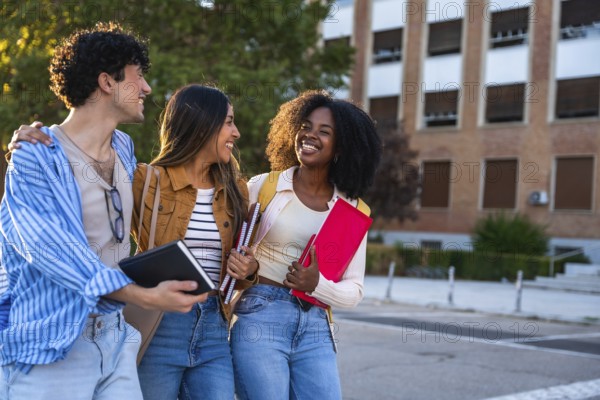 Group of diverse university students walking together on campus, smiling, holding notebooks and binders, representing friendship, education, and multicultural learning