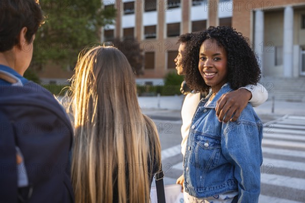Diverse group of young students smiling and walking on a university campus during sunset, representing friendship, education, and youth while heading to class or spending time together
