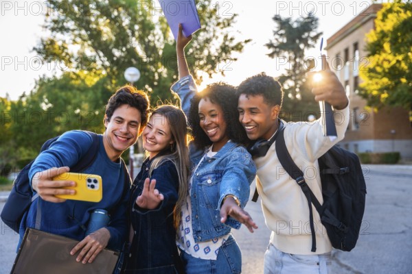 Diverse group of happy young students smiling and waving while taking a selfie together at a university or college campus during an afternoon sunset, embodying friendship and youth