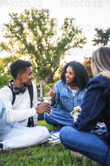 Diverse group of university students sitting on campus grass, chatting, sharing snacks and laughing during a break, relaxed and social in a bright outdoor setting