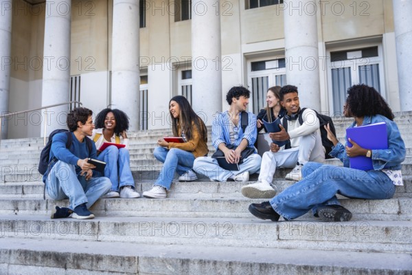 Diverse group of young students sitting on outdoor university stairs, actively communicating and enjoying social interaction during a campus break, representing friendship and modern education
