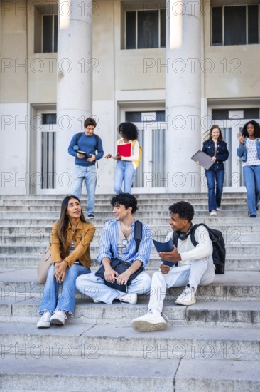 Diverse group of young adult students interacting and studying on the stone steps of a university campus building, representing education, friendship, and college life