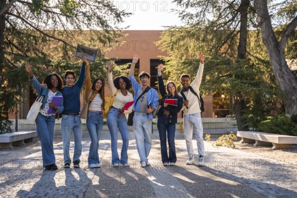 Group of diverse young university students happily standing in front of a campus building, smiling and waving, celebrating education, friendship, and success during their academic journey