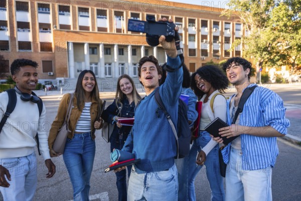 Diverse students standing together on a university campus, smiling and vlogging, capturing joyful moments of friendship and sharing their educational experience with enthusiasm