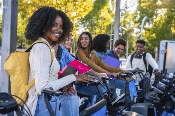 Group of happy multiracial university students smiling and preparing to use shared bicycles from a city station, promoting sustainable urban mobility and friendship