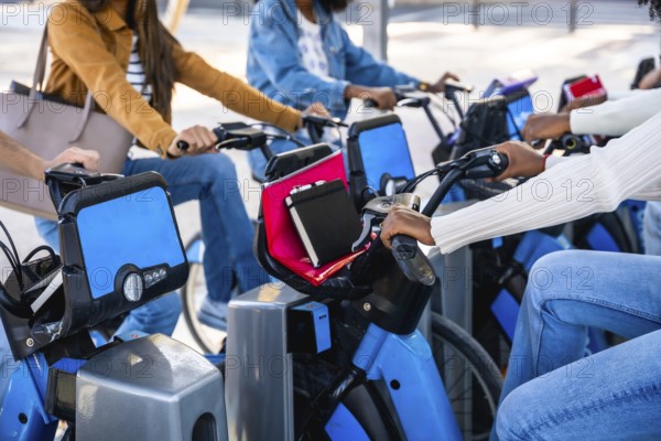 Diverse university students sharing blue urban bikes, enjoying eco friendly campus commutes and city rides that showcase sustainable, active campus life and community mobility