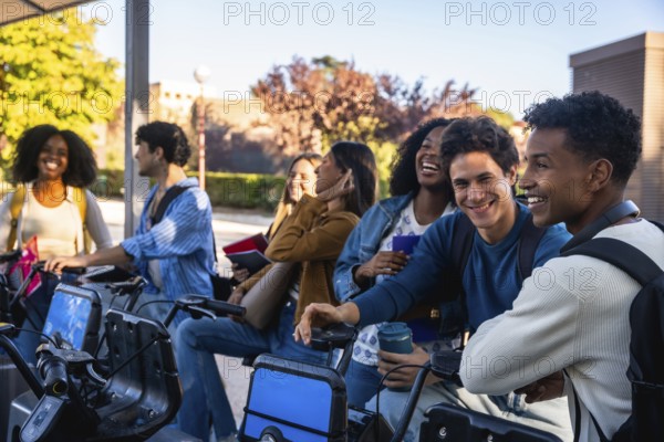 Group of smiling diverse university students standing at a bike sharing station on campus, preparing for their commute, enjoying conversation and a sunny day