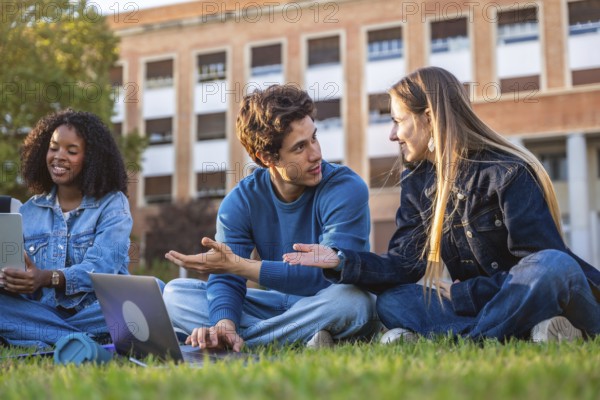Diverse group of young university students sitting on the green grass casually talking and studying with laptops, enjoying a warm afternoon on campus grounds