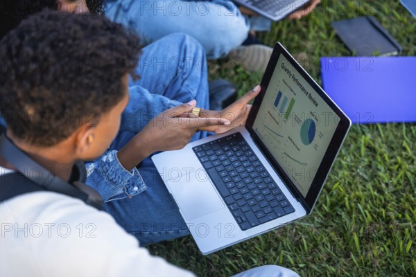 University students collaborating on a project, analyzing performance review data and market share charts on a laptop screen while sitting together on green grass