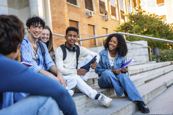 Diverse group of multiracial youth sitting on campus steps, engaging in conversation and smiling warmly, embodying friendship and education outside a university building