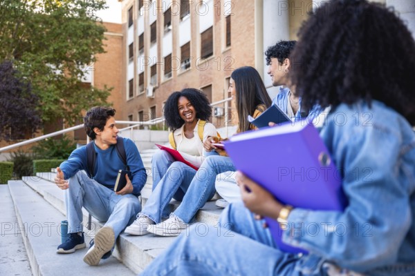 Diverse group of university students sitting on campus steps, smiling and chatting confidently, sharing books and backpacks while enjoying outdoor study, friendship and learning