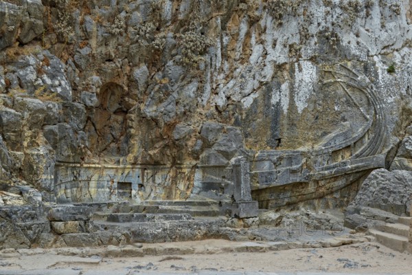 Relief of a warship (Triemiolia) at the foot of the Acropolis of Lindos, Acropolis, Lindos, Rhodes, island, Greece
