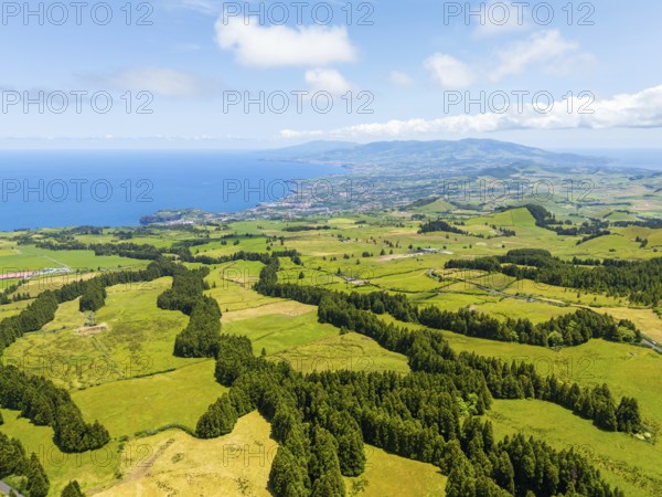 Lush Green Hills with Pasturelands and Trees. Atlantic Ocean. Azores, Sao Miguel Island. Portugal. Aerial Drone Shot
